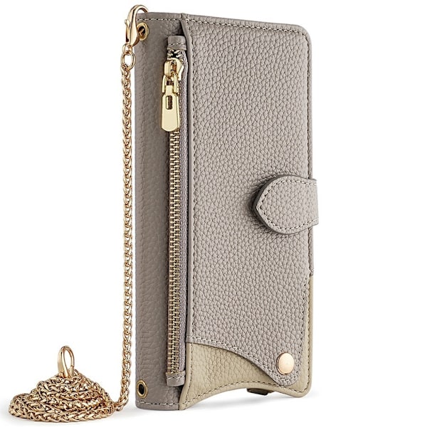 SKALO Samsung S25 Litchi Makeup Mirror Chain Flip Cover - Grå Grey