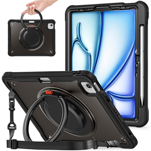 SKALO iPad Air (2020/2022) Extra Stöttåligt Armor Ring med Axelrem Skal - Svart Svart