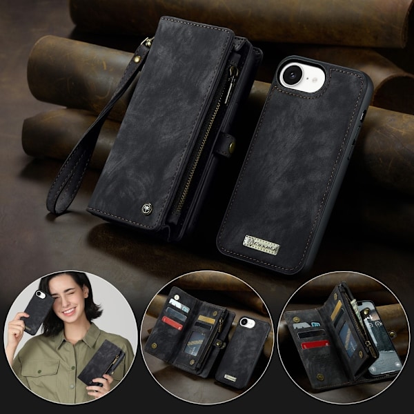 CaseMe iPhone 16e 008 BIg Wallet 2in1 Magnet Lompakkokotelo - Musta Black