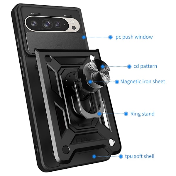SKALO Google Pixel 9/9 Pro Armor Hybrid Metal Ring Camera Slider - Sort Black