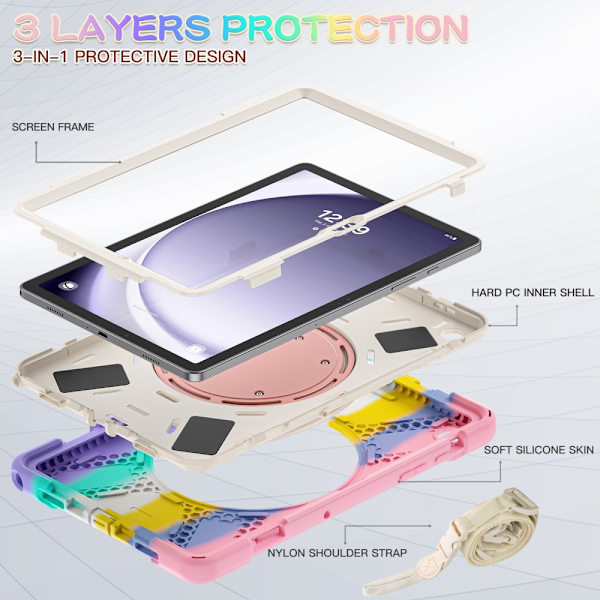 SKALO Samsung Tab A9+ Ekstra stødsikker Armor ringskal med skulderrem - Rainbow Multicolor