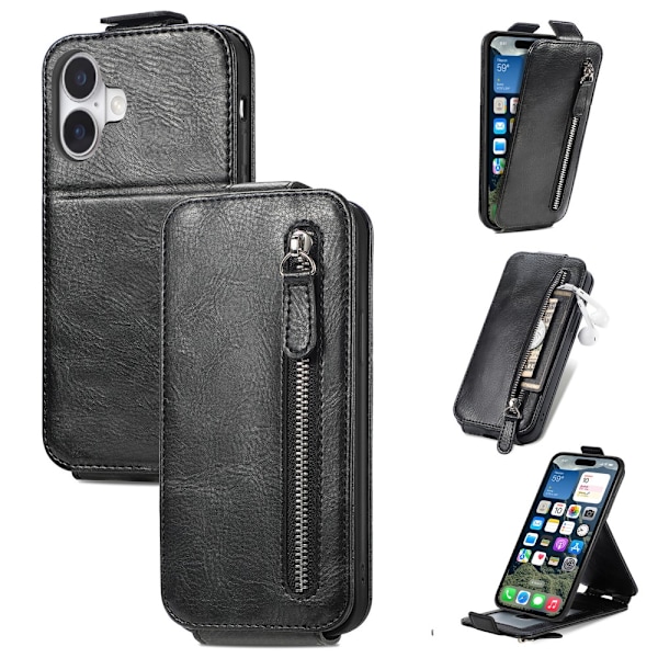 SKALO iPhone 16 Vertical Flip Lompakkokotelo - Musta Black