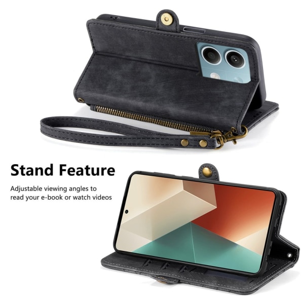 SKALO Xiaomi Redmi Note 13 5G Kohokuvioitu lompakkokotelo PU-nahasta vetoketjulla - Musta Black