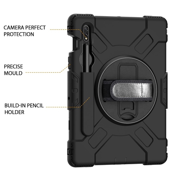 SKALO Samsung Tab S8 Extra Stöttåligt Armor Ring Skal med Axelrem - Svart Svart