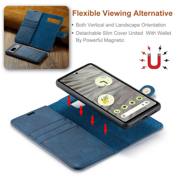 DG MING Google Pixel 7a 2-in-1 magneetti lompakkokotelo - Sininen Blue