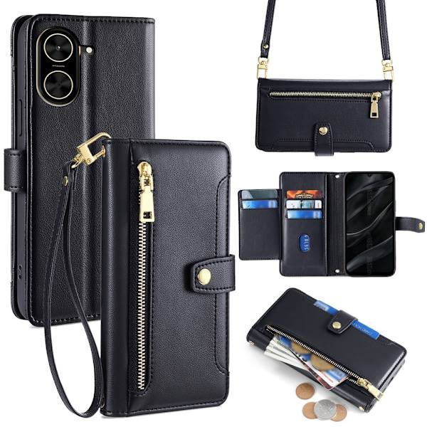 SKALO Xiaomi Redmi A5 4G Zipper PU-Läder Axelrem Plånboksfodral - Svart Svart