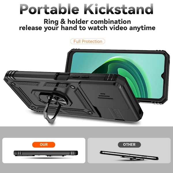 SKALO Xiaomi Redmi 13C 4G Armor Hybrid Metal Ring Camera Slider - Sort Black