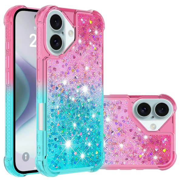 SKALO iPhone 16 Plus Kvicksand Glitter Hjärtan TPU-skal - Rosa-Turkos multifärg