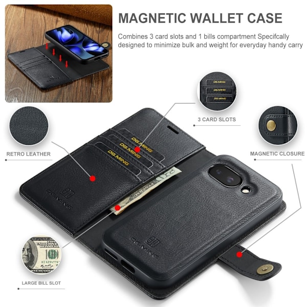 DG MING Google Pixel 9a 2-in-1 Magneetti Lompakkokotelo - Musta Black