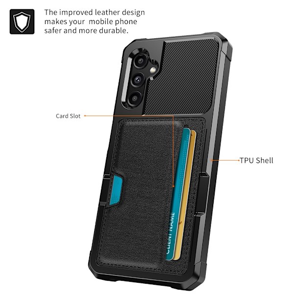 SKALO Samsung A15 5G Shockproof Läder Korthållare - Svart Svart