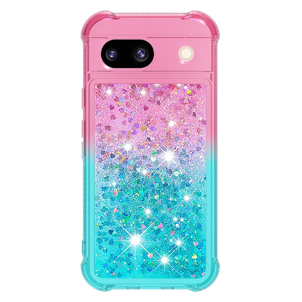 SKALO Google Pixel 8a Kvicksand Glitter Hjerter TPU Cover - Pink-Turkis Multicolor