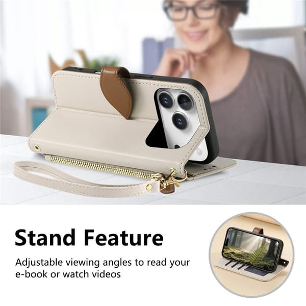 SKALO PU-Läder Lövdesign Plånboksfodral för iPhone 18 Pro Max - Beige Beige