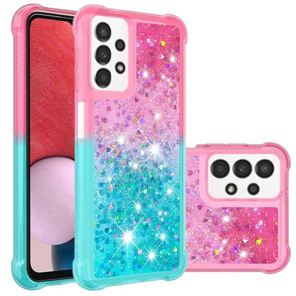 SKALO Samsung A13 4G Juoksuhiekka Glitter Sydämet TPU kuori - Pinkki-Turkoosi Multicolor