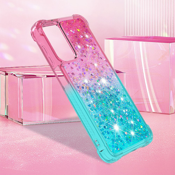 SKALO Samsung A15 5G Kvicksand Glitter Hjerter TPU Cover - Pink-Turkis Multicolor