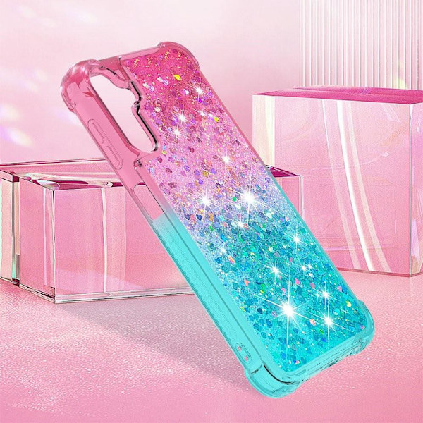 SKALO Samsung A14 5G Juoksuhiekka Glitter Sydämet TPU kuori - Pinkki-Turkoosi Multicolor