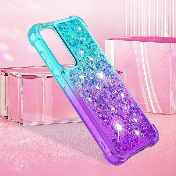 SKALO Samsung S23 FE Kvicksand Glitter Hjerter TPU Cover - Turkis-Lilla Multicolor