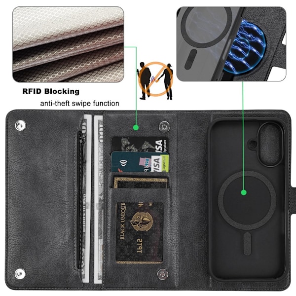 VILI iPhone 16 Plus GVB Series Plånboksfodral i PU-Läder - Svart Svart