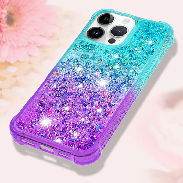 SKALO iPhone 16 Pro Max Kvicksand Glitter Hjerter TPU Cover - Turkis-Lilla Multicolor