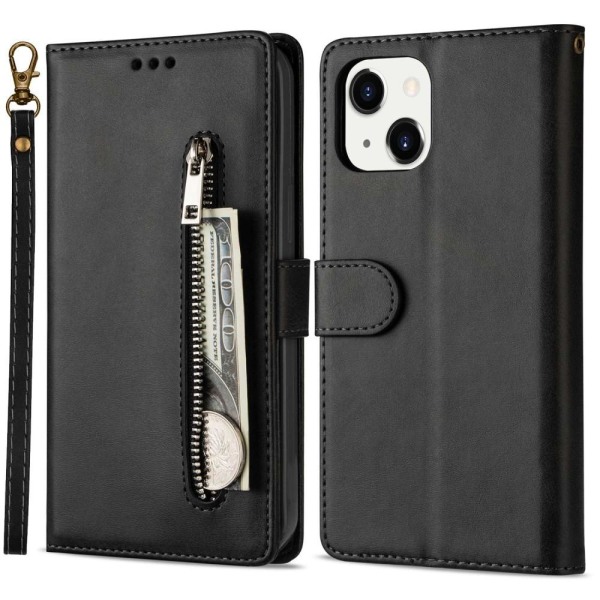 SKALO iPhone 15 Plus Flip Cover m. pung i PU-læder med lynlås - Sort Black