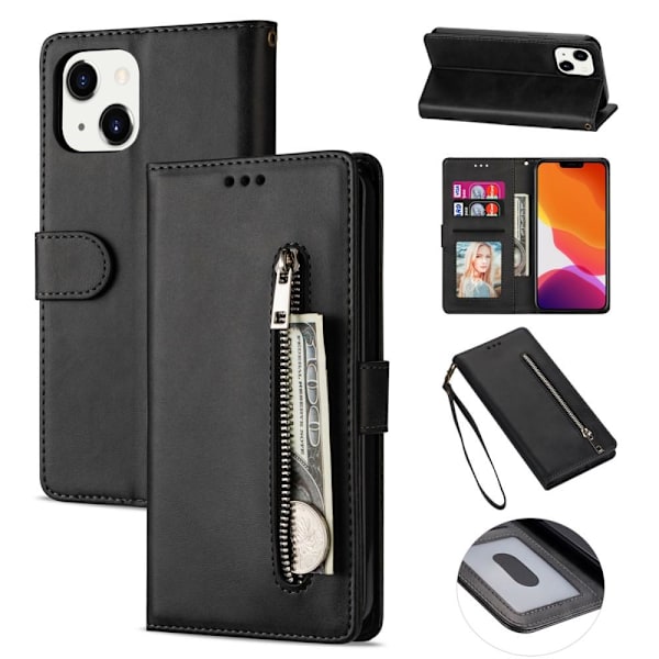 SKALO iPhone 15 Plus Flip Cover m. pung i PU-læder med lynlås - Sort Black
