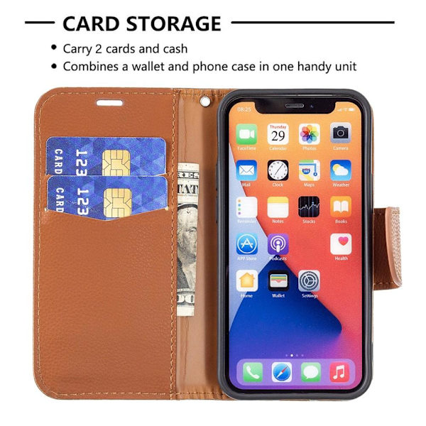 SKALO iPhone 13 Mini Premium Litchi Plånbok - Brun Brown