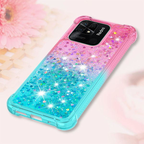 SKALO Xiaomi Redmi 10C Juoksuhiekka Glitter Sydämet TPU kuori - Pinkki-Turkoosi Multicolor