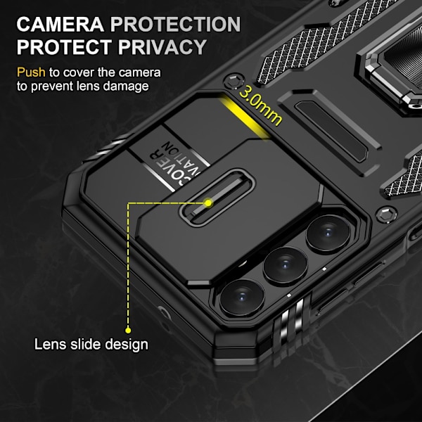 SKALO Samsung A15 4G Armor hybridi metallirengas kameran liukusäädin - Musta Black