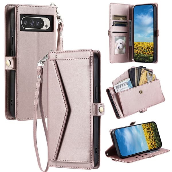 SKALO PU-Läder Envelope Plånboksfodral för Google Pixel 11 Pro XL - Roséguld Rosa guld