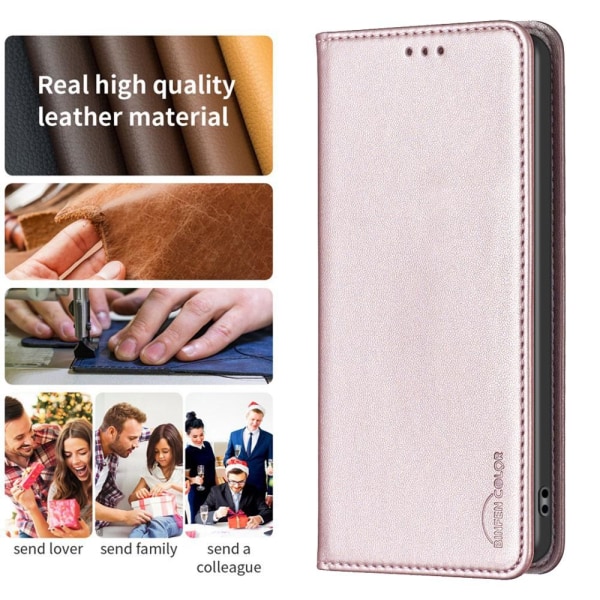 iPhone 15 Pro Max BINFEN COLOR Præget Flip Cover - Rosa guld Pink gold