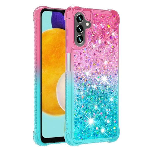 SKALO Samsung A04s 4G Juoksuhiekka Glitter Sydämet TPU kuori - Pinkki-Turkoosi Multicolor