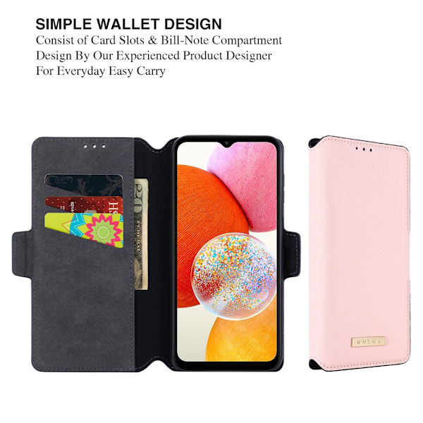 SKALO Samsung A14 4G/5G MUXMA Saffiano PU-nahka Lompakkokotelo - Pinkki Pink