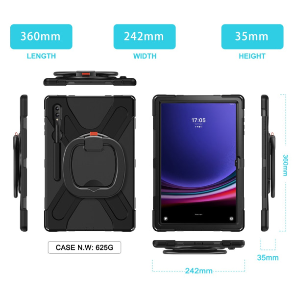 SKALO Samsung Tab S9 Ultra Extra Shockproof Armor 360 Kahva/Tripod Suojakuori - Musta Black