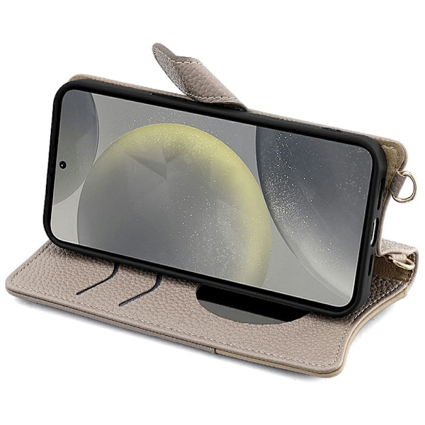 SKALO Samsung S25 Litchi Makeup Mirror Chain Plånboksfodral - Grå grå