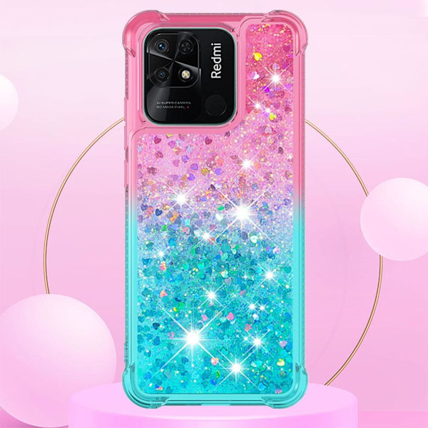 SKALO Xiaomi Redmi 10C Kvicksand Glitter Hjärtan TPU-skal - Rosa-Turkos multifärg