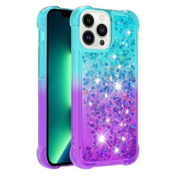 SKALO iPhone 15 Pro Max Kvicksand Glitter Hjerter TPU Cover - Turkis-Lilla Multicolor