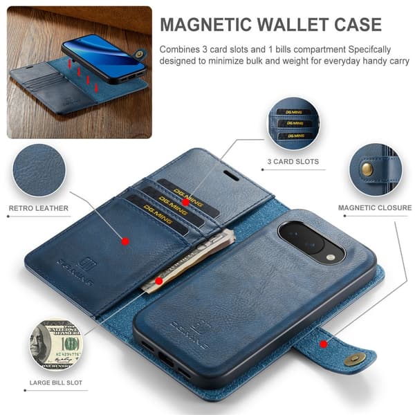DG MING 2-i-1 Magnet Plånboksfodral för Google Pixel 10a - Blå Blå