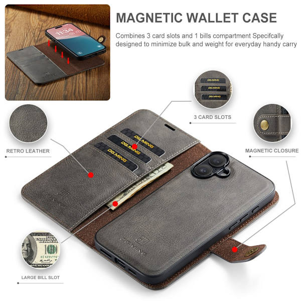 DG MING iPhone 16 Plus 2-i-1 Magnet Plånboksfodral - Grå grå