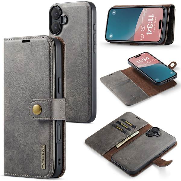 DG MING iPhone 16 Plus 2-in-1 magneetti lompakkokotelo - Harmaa Grey