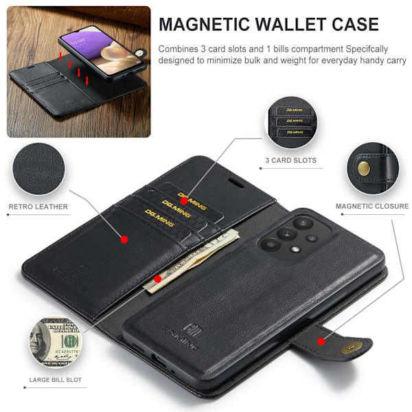 DG MING Samsung A33 5G 2-in-1 magneetti lompakkokotelo - Musta Black