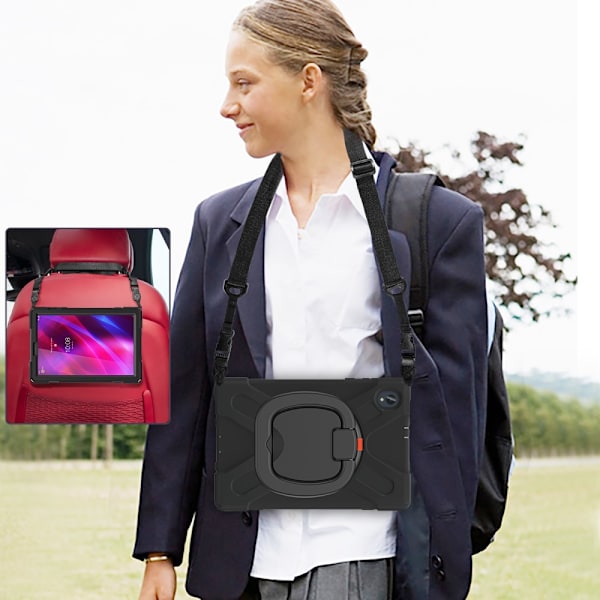 SKALO Lenovo Tab M10 FHD Plus 10.3" Extra Stöttåligt Armor Ring Skal med Axelrem - Svart Svart