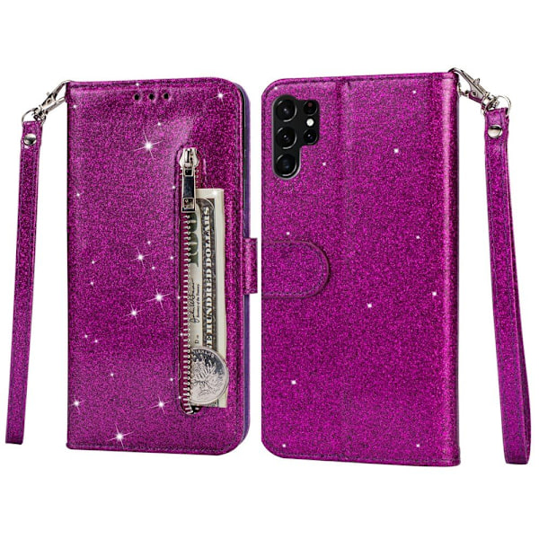 SKALO Samsung S25 Ultra Glitter Dragkedja Plånboksfodral - Lila Lila