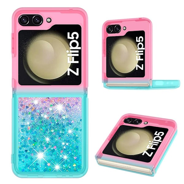SKALO Samsung Z Flip5 Kvicksand Glitter Hjerter TPU Cover - Pink-Turkis Multicolor