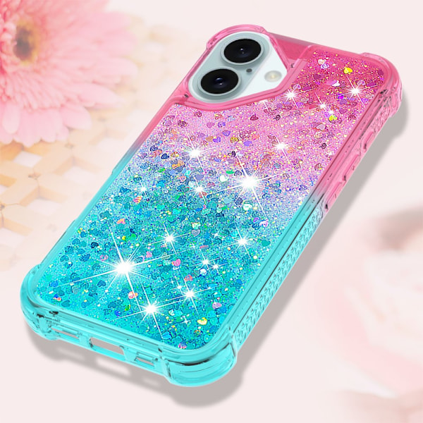 SKALO iPhone 16 Kvicksand Glitter Hjärtan TPU-skal - Rosa-Turkos multifärg