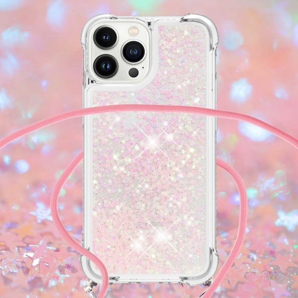 SKALO iPhone 14 Pro Kvicksand Glitter Mobilhalsband - Rosa Rosa