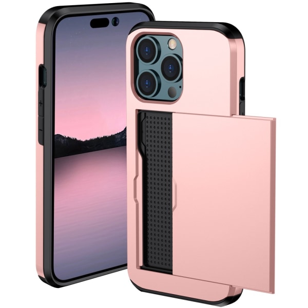 SKALO iPhone 14 Pro Max Armor Suojakuori korttikotelo - Ruusukul Pink gold