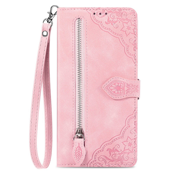SKALO Samsung A14 4G/5G Big Wallet Flower Lompakkokotelo - Pinkki Pink