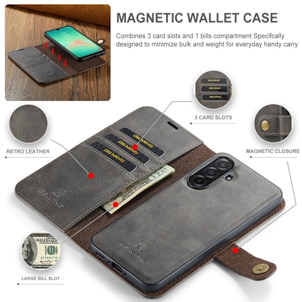 DG MING Samsung A26 5G 2-in-1 Magneetti Lompakkokotelo - Harmaa Grey
