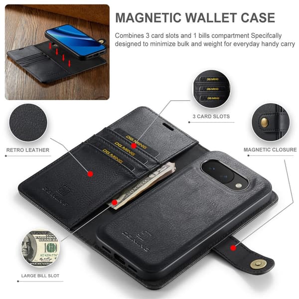 DG MING 2-i-1 Magnet Flip Cover til Google Pixel 10a - Sort Black