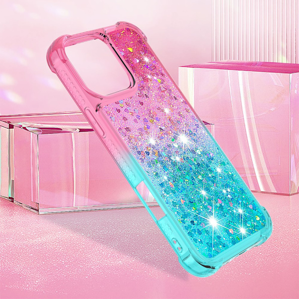 SKALO iPhone 16 Pro Max Juoksuhiekka Glitter Sydämet TPU kuori - Pinkki-Turkoosi Multicolor