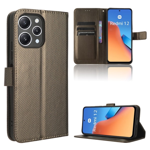 SKALO Xiaomi Redmi 12 4G/5G Premium Mini Rhombus Lompakkokotelo - Ruskea Brown